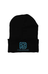 Black beanie with blue embroidery
