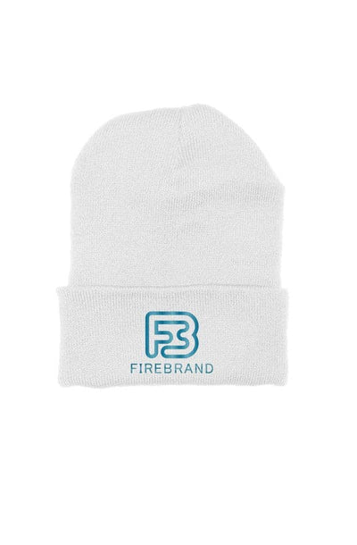 white beanie with blue embroidery