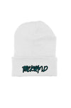 white beanie with firebrand embroidery