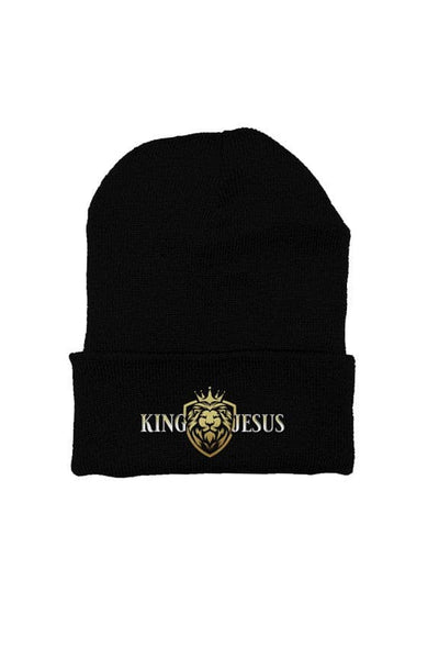 black beanie with king jesus graphic and golden lion graphic