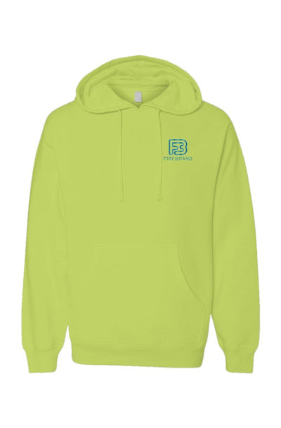 front of neon yellow hoodie with FIREBRAND logo in top left