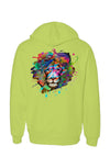 back of neon yellow hoodie with lion splatter graphic
