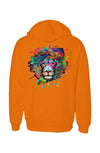 back of neon orange hoodie with lion splatter graphic