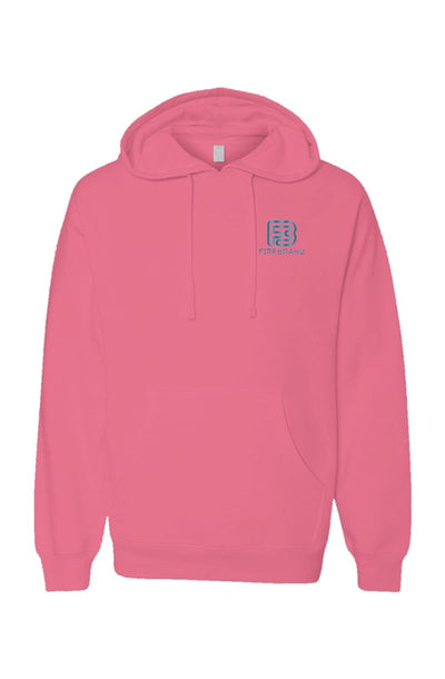 front of neon pink hoodie with FIREBRAND logo in top left