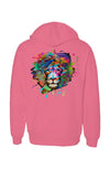 back of neon pink hoodie with lion splatter graphic
